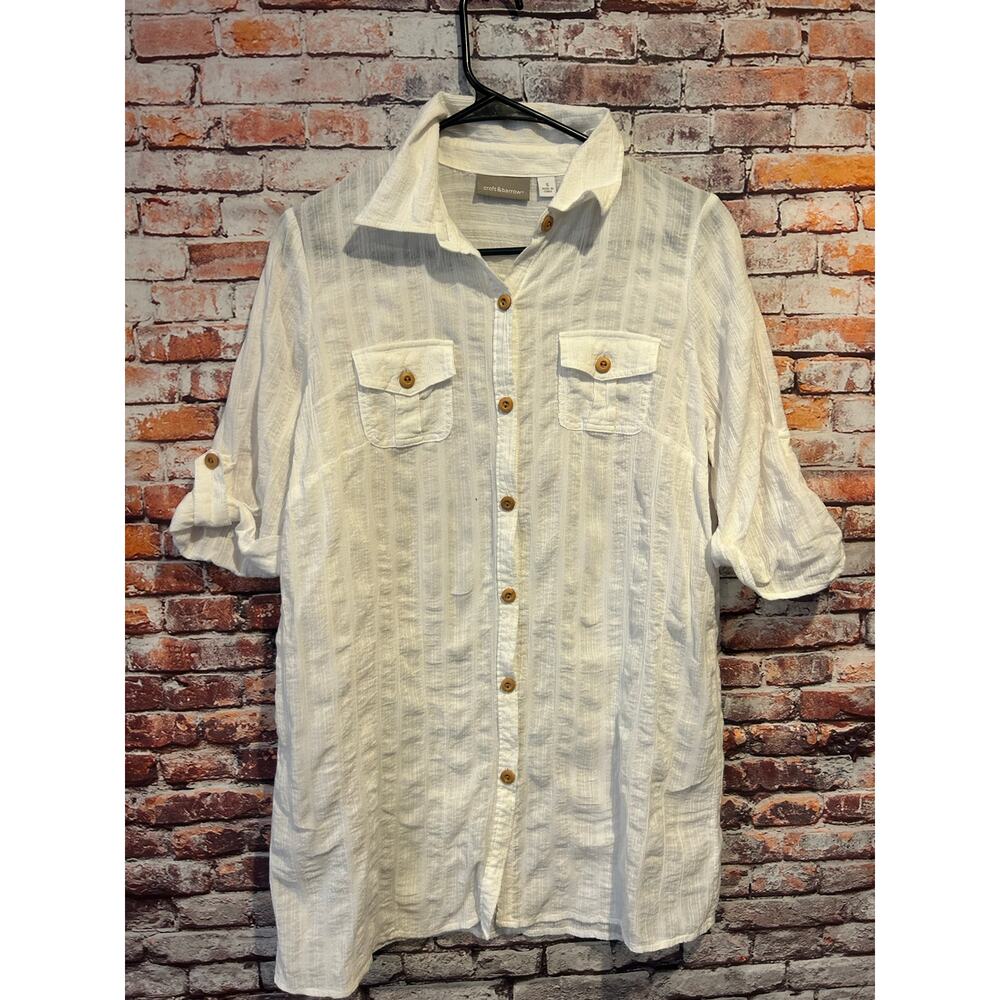 Croft & Barrow white crinkled gauze button up shirt top semi sheer women's small